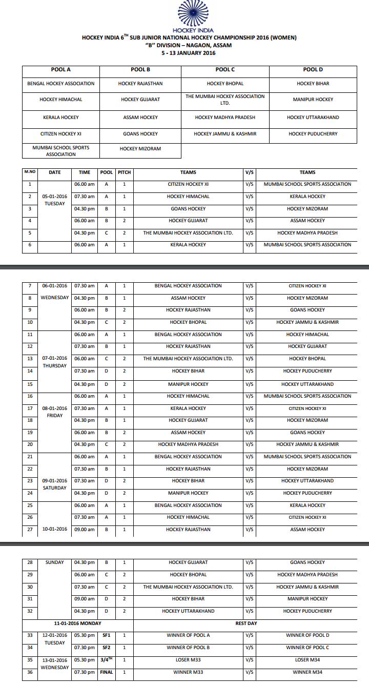 SUB JUNIOR WOMEN B Schedule 2016