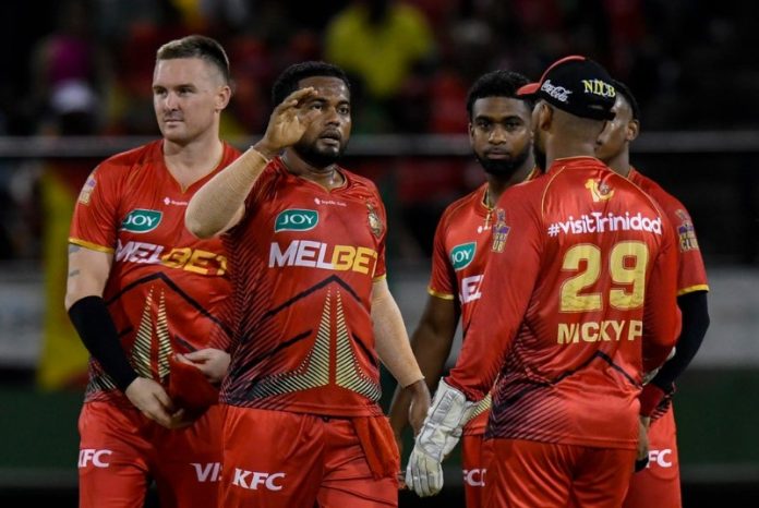 Trinbago Knight Riders celebrate the dismissal of Romario Shepherd of Guyana Amazon Warriors