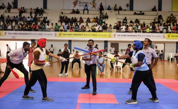 Roshini and Dhanyashree in action in the 70kg School Girls Silambam final Roshini and Dhanyashree in action in the 70kg School Girls Silambam final